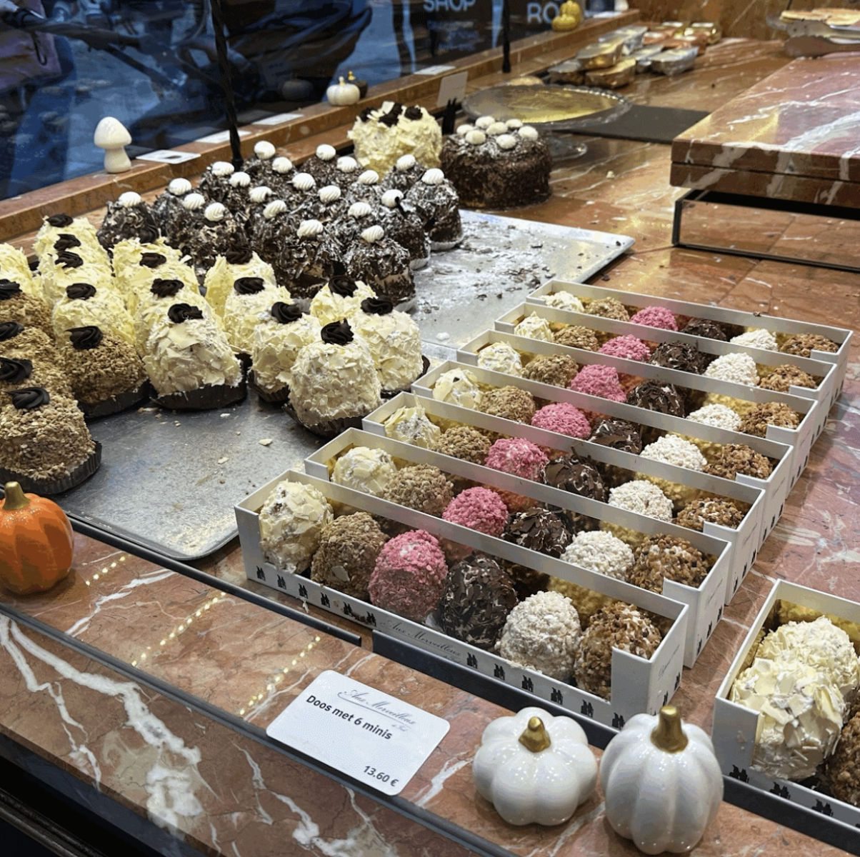 Belgian chocolate souvenirs displayed in a shop in Ghent