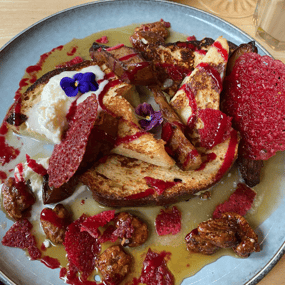 Brioche french toast with baked pear, bourbon cream, brownie and pecan