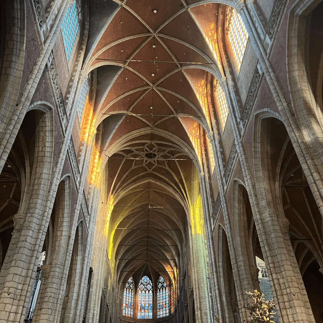 Interior view of a cathedral showcasing vaulted ceilings and ornate pillars, highlighting the grandeur of the sacred space.