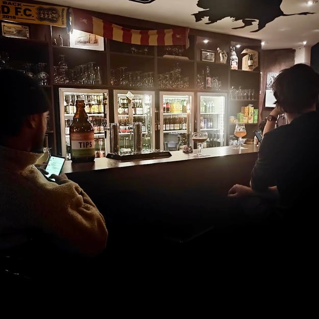 Two persons sitting in a bar while drinking beer