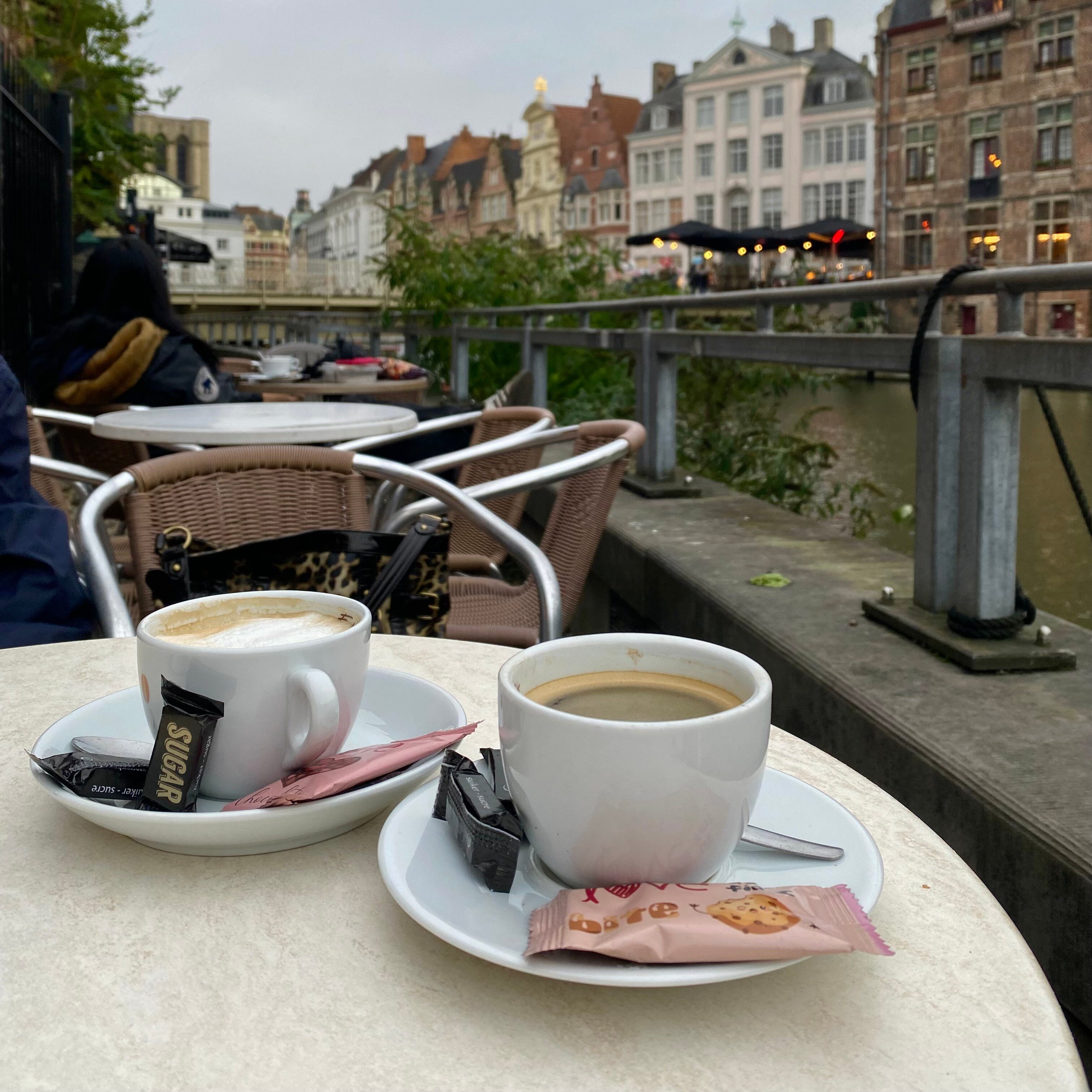 Two cups of coffee on a terrace in Ghent