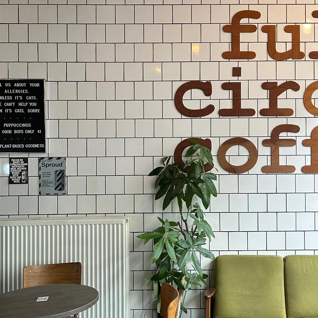 industrial interior of full circle coffee bar showing a green sofa