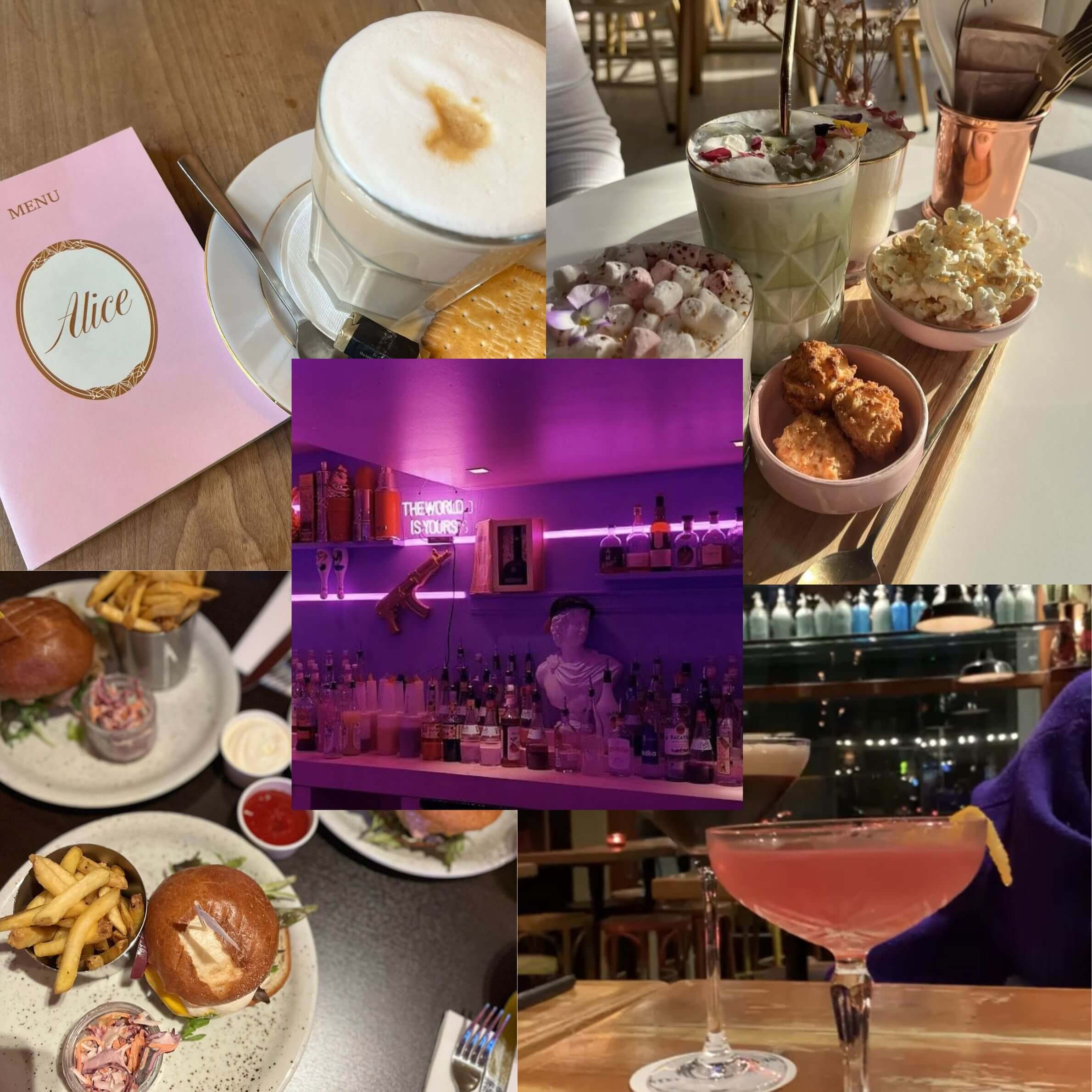 Different themed bars: cappucino with a cookie, chocolat milk, burgers and fries, cocktails, greek statue.