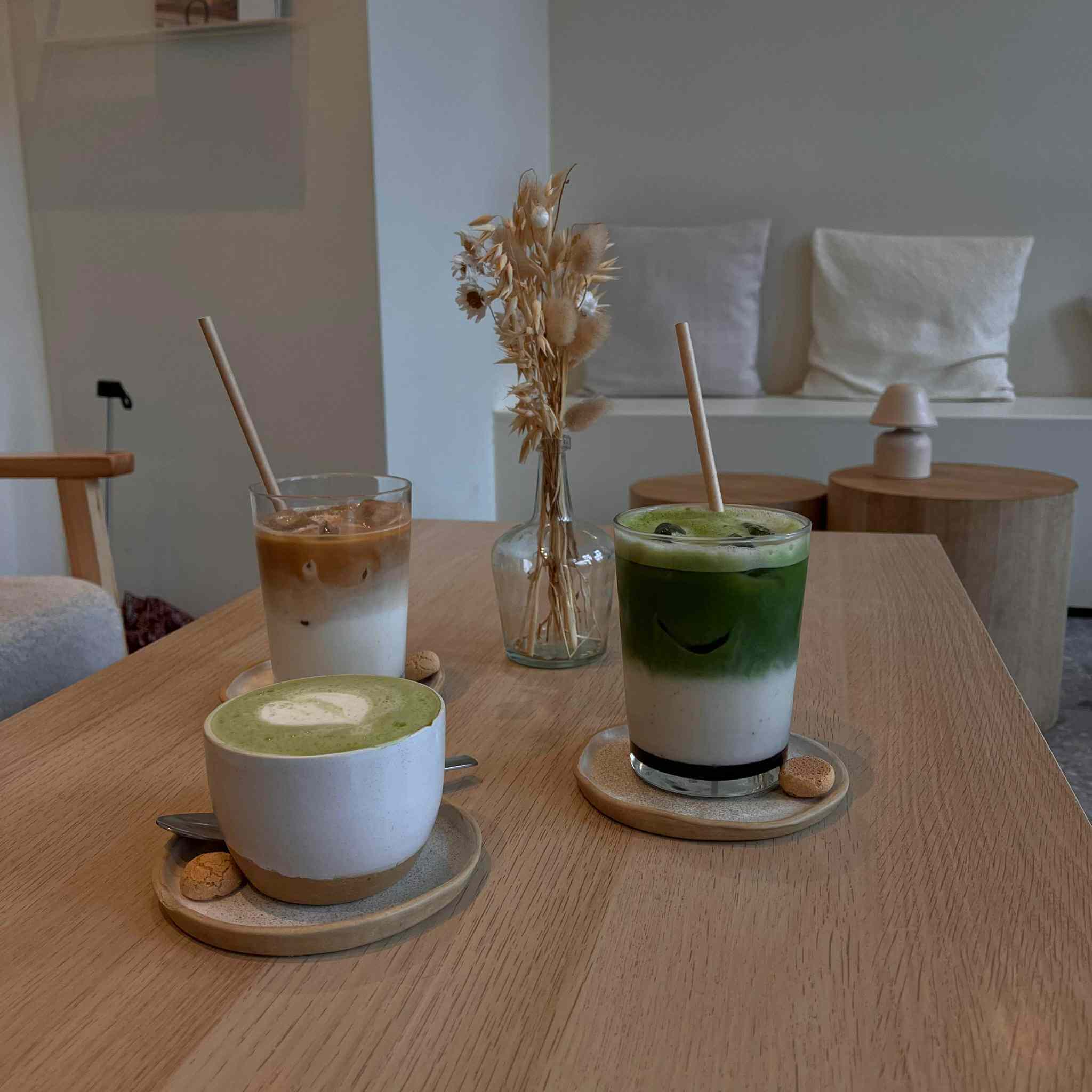 matcha and coffee glasses in aesthetic aura coffee
