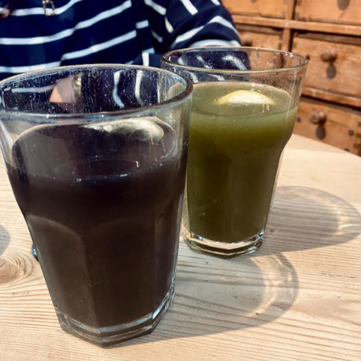 Our two juices from Pain Quotidien waiting for us to be tested