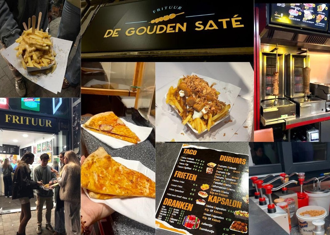 Collage of various photos showing late-night spots, their food and their menu.
